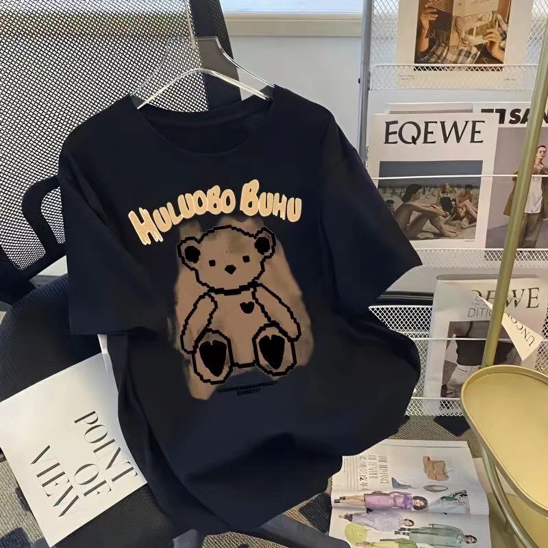 Little Bear Pure Cotton Short Sleeve T-Shirt for Women 2024 Summer New Loose American Retro Cartoon Print Junior High School Student T-Shirt for Women