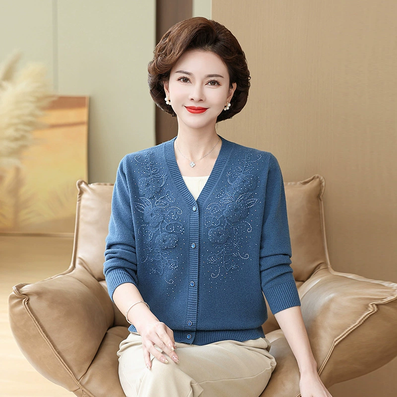100% чистый кардиган женский новый весенний и осенний свитер с V-образным вырезом кардиган куртка среднего возраста свободная мама вязаный свитер