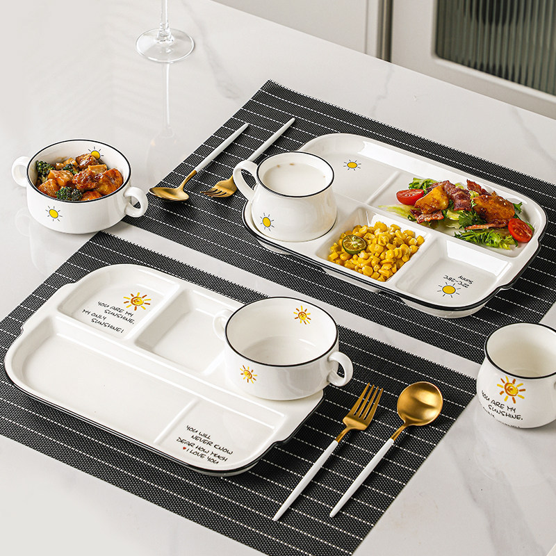 Ceramic divided plate, student dinner plate, cartoon plate, children's plate, three-compartment plate, snack plate, multi-compartment plate, Western-style plate, Nordic plate Ceramic divided plate, student dinner plate, cartoon plate, children's plate, three-compartment plate, snack plate, multi-compartment plate, Western-style plate, Nordic plate