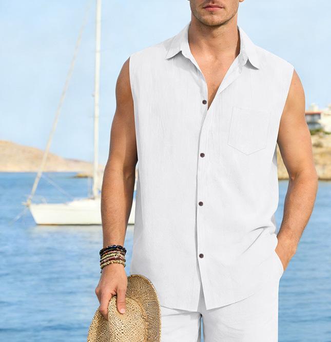 Chaleco de lino sin mangas para hombre estilo casual verano_voghion.com