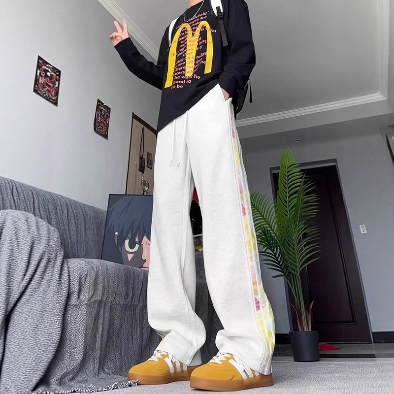 Trendy Colorful Floral Three-Stripe Gray Sweatpants for Men, Autumn Long Youth Basketball Sports Pants