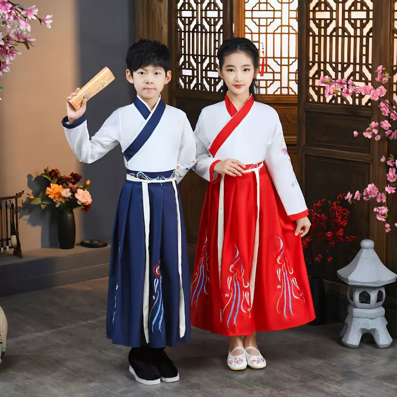 Детский костюм в древнем китайском стиле, старинный костюм для начальной и средней школы, ханьфу, мужской и женский каллиграфический костюм в китайском стиле, детский трехсимвольный костюм для церемонии открытия сутры
