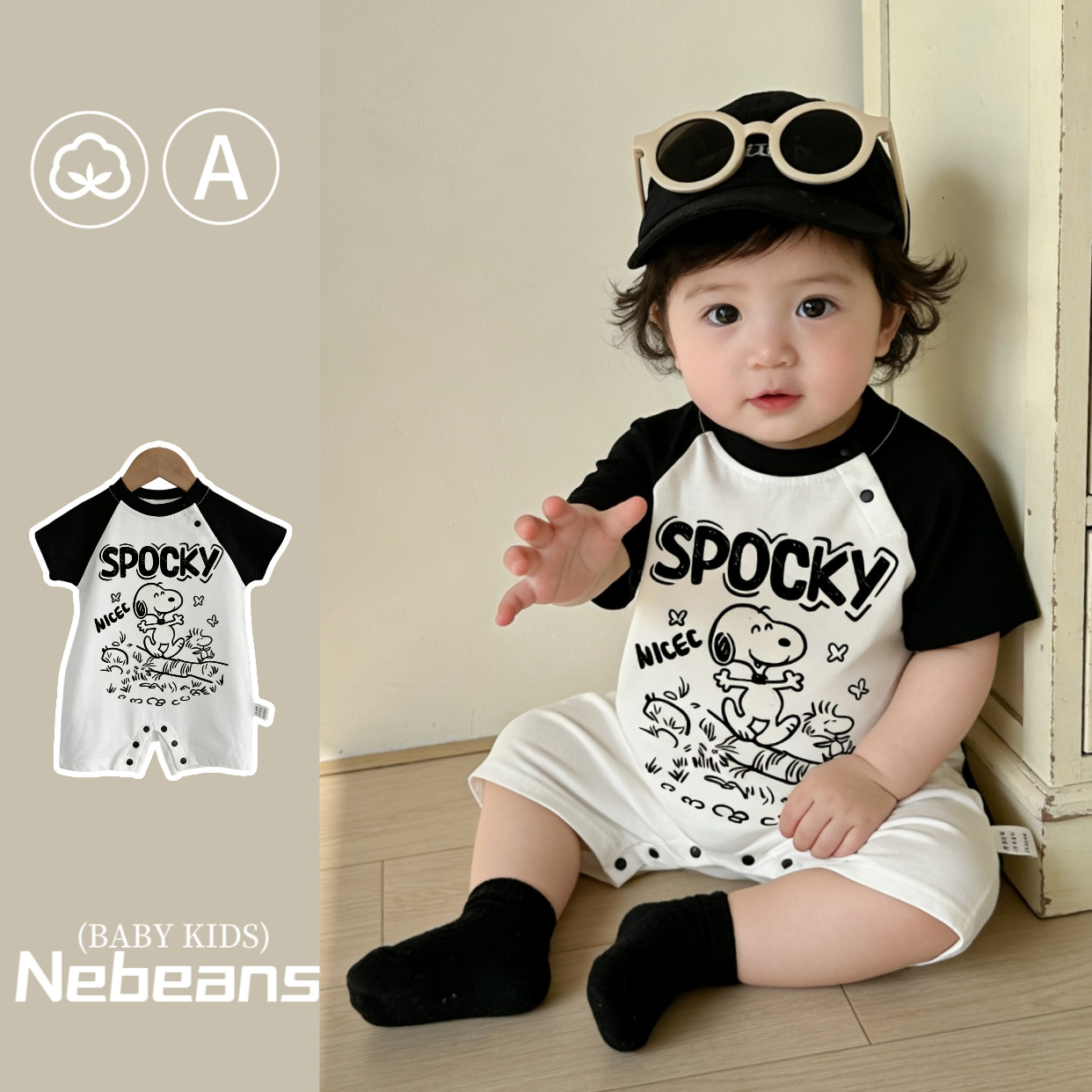 26 Summer New Style Baby Romper Outfit Black Short Sleeve Boys and Girls Trendy Cartoon Romper