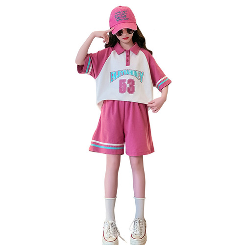Girls Summer Polo Shirt Lapel Set  New Medium and Large Children's Style Loose Splicing Sports Two-piece Trendy Set