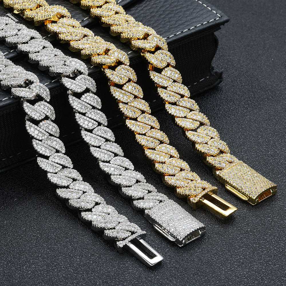 European And American Hip-Hop Hot Sale 14mm Flip Clasp Full Diamond Zircon Cuban Chain Men's Bracelet Cross-Border_voghion.com