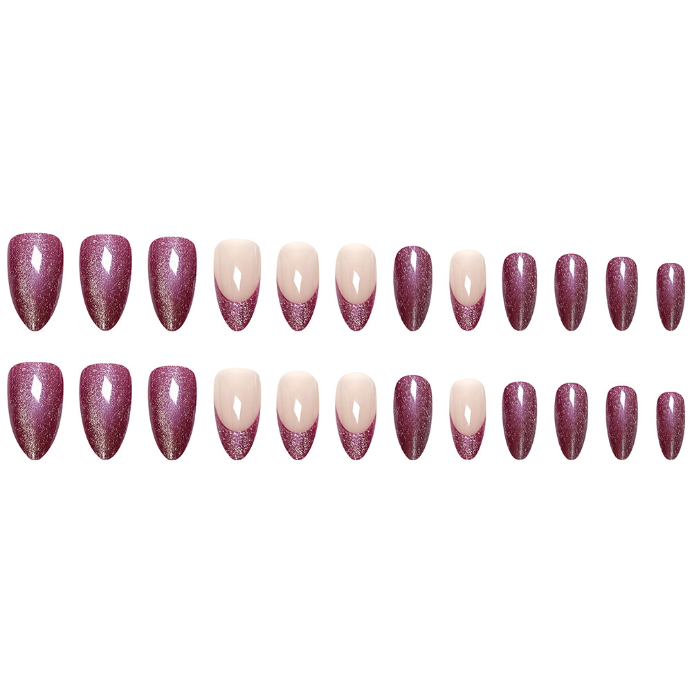 Puntas de Uñas Postizas Moradas Ojo de Gato, Elegantes y Duraderas, con Forma de Almendra, para Manicura Suave, Set de 24 Piezas, Puntas de Uñas Transfronterizas