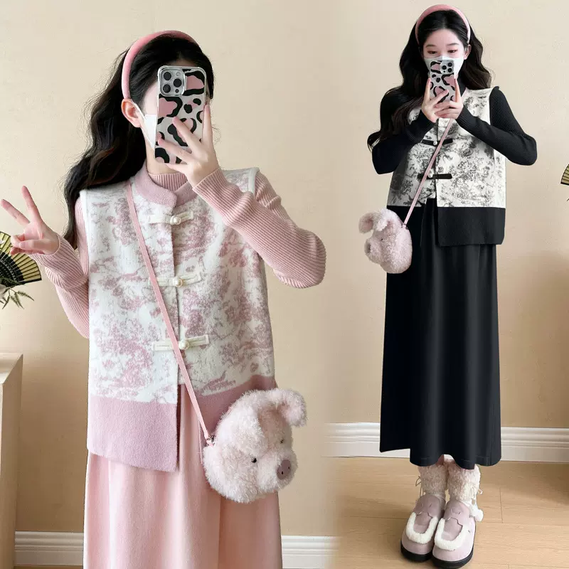 孕妇装秋冬套装新款网红孕妇时尚国风仿貂马甲+针织打底裙套装