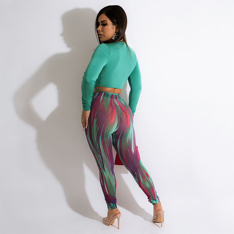 plus size solid color V-Neck Tight Top printed Pants Two-piece Set NSCYF122396