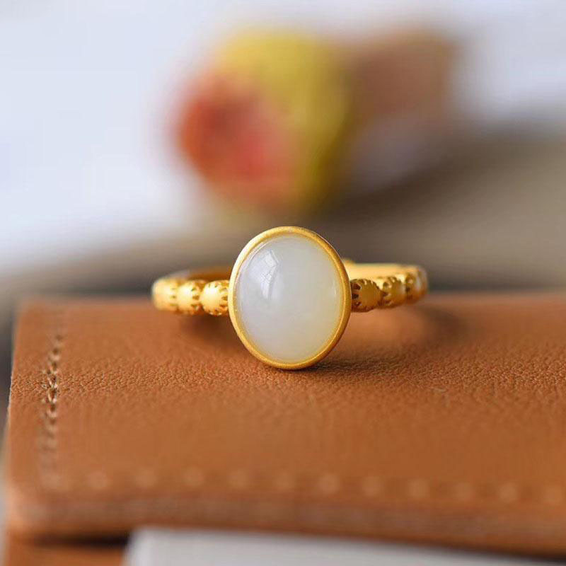 Organic retro golden ring white jade