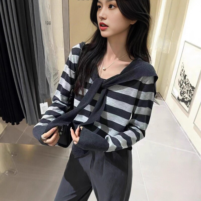 Women's Striped Knit Sweater, Fashionable and Simple Navy Design, New Long-Sleeve Lemon Green Tea Thelimon for Autumn Women's Striped Knit Sweater, Fashionable and Simple Navy Design, New Long-Sleeve Lemon Green Tea Thelimon for Autumn