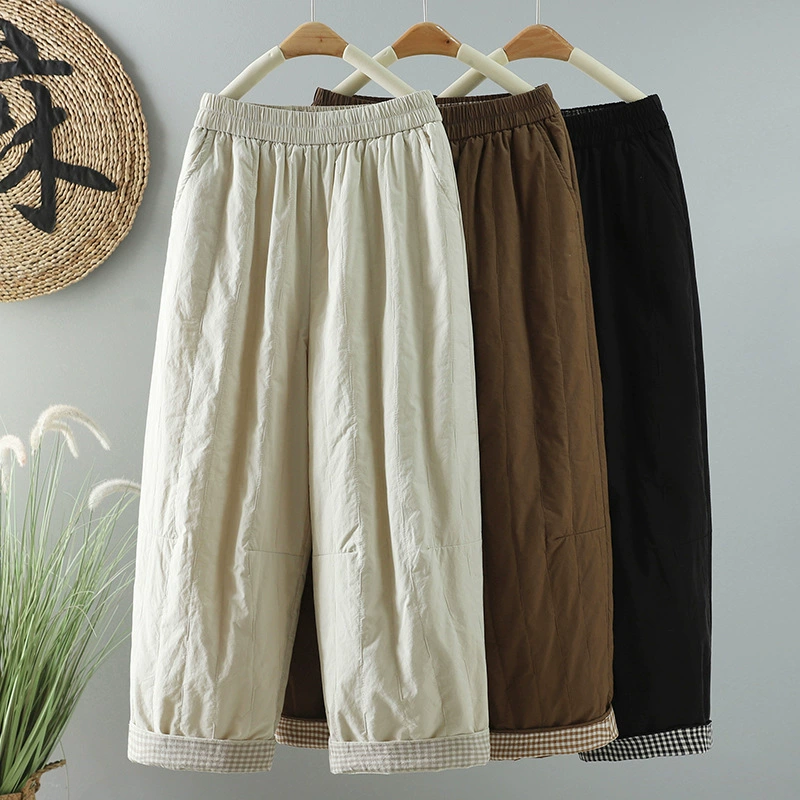 Quilted winter casual trousers, Korean style, solid colors, warm padded, sizes M–2XL