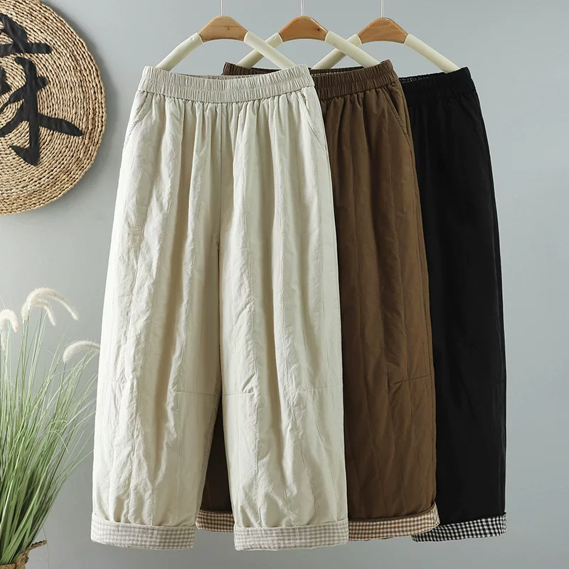 Quilted winter casual trousers, Korean style, solid colors, warm padded, sizes M–2XL