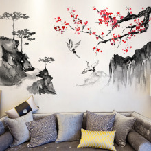 新款AD2037中国风水墨风景画仙鹤卧室客厅家居墙面装饰贴纸自粘