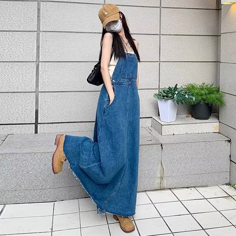 减龄显瘦背带裙牛仔连衣裙女2025秋季新款宽松高个子长裙蓝色裙子|undefined