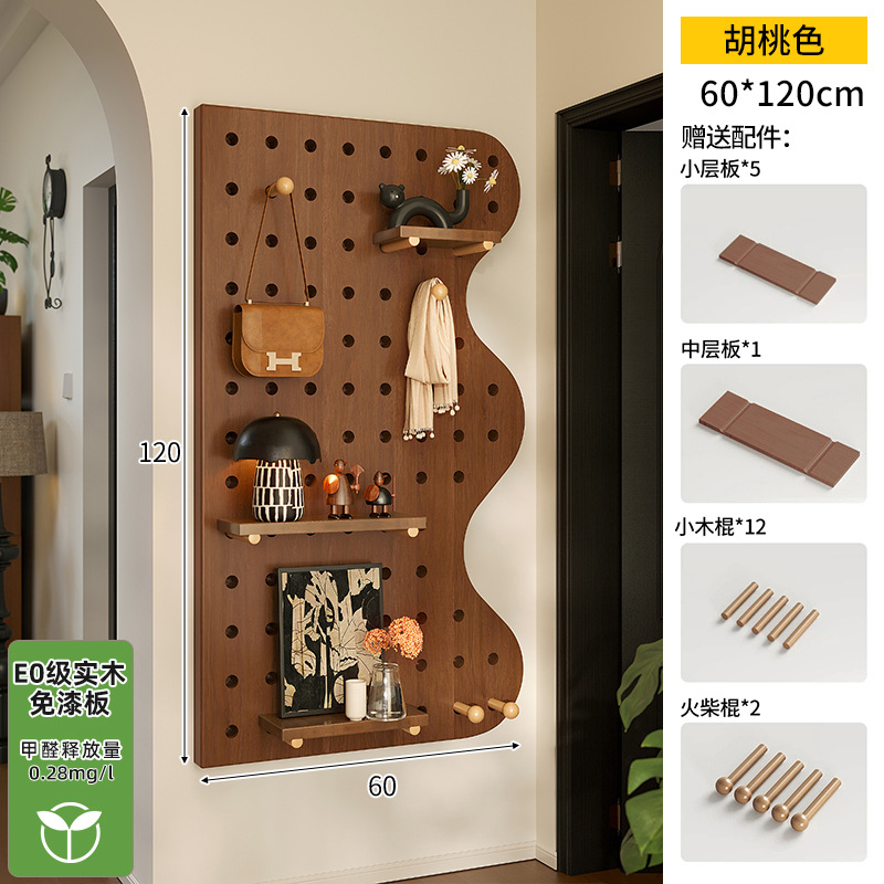Hoyo de madera de color nuez hoyo tablero estante de madera sólida pared de modelado puerta de entrada de la casa pared detrás de la decoración estante de exhibición