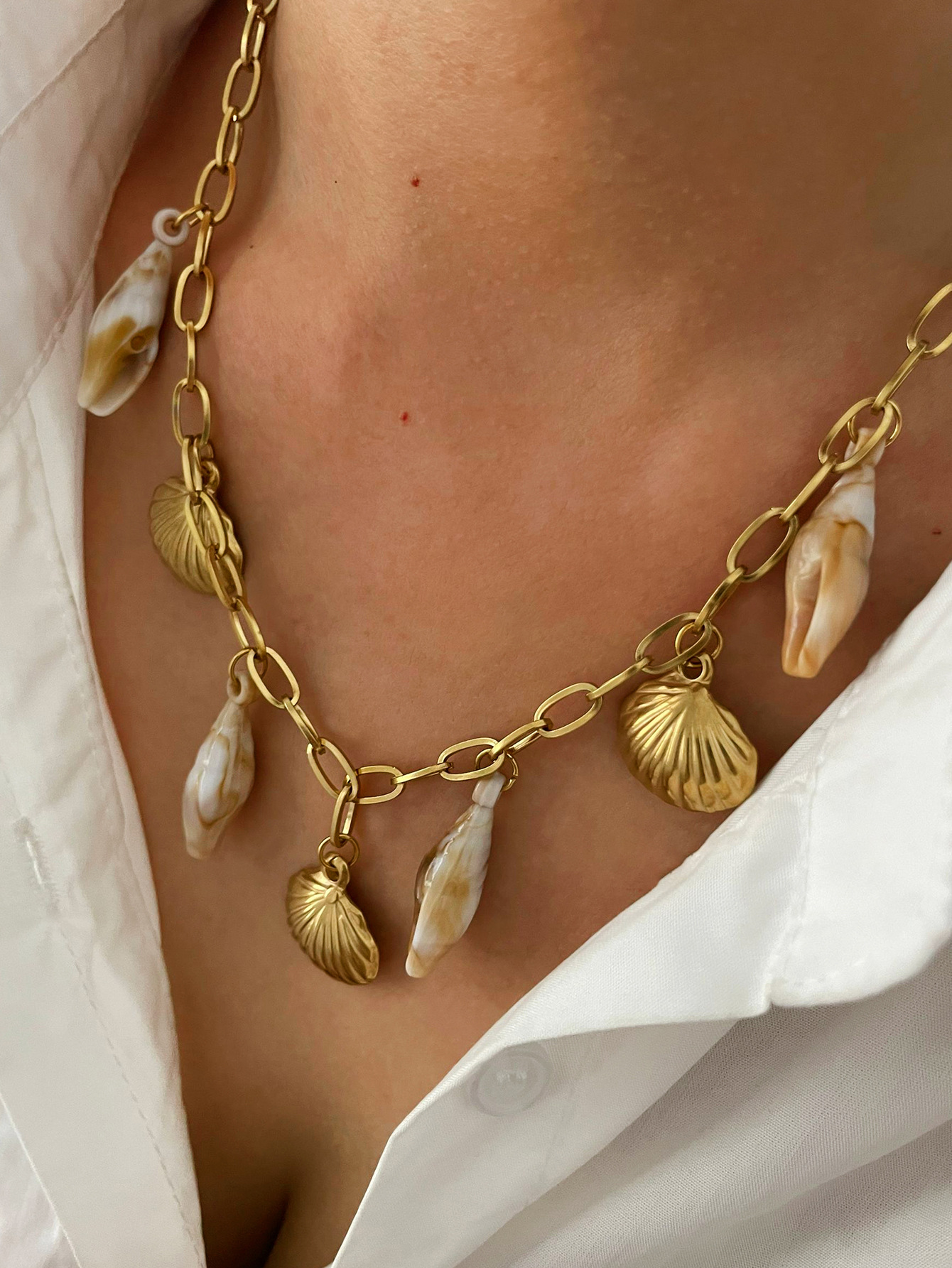 1 Piece Quantity 316L Stainless Steel Vacuum Plating Shell Geometric Ocean Conch Waterproof Non Tarnish Surgical Steel Exaggerated Cable Chain Charms Necklace For Women's