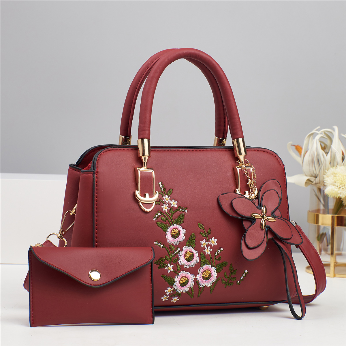 Bag Sets Bags Type Casual Occasion Women's Medium Pu Leather Flower Elegant Sewing Thread Square Zipper Bag Sets