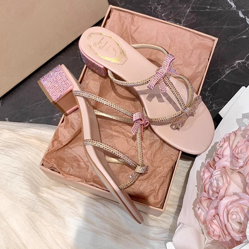 Calf Leather Rc Rhinestone Bow Sandals Spring New Fairy-Style Thong High-Heeled Shoes Outdoor Slippers Sandals