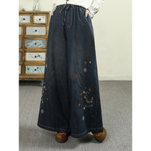 25年秋季新款民族风重工刺绣花朵宽松系带直筒阔腿牛仔裤 女