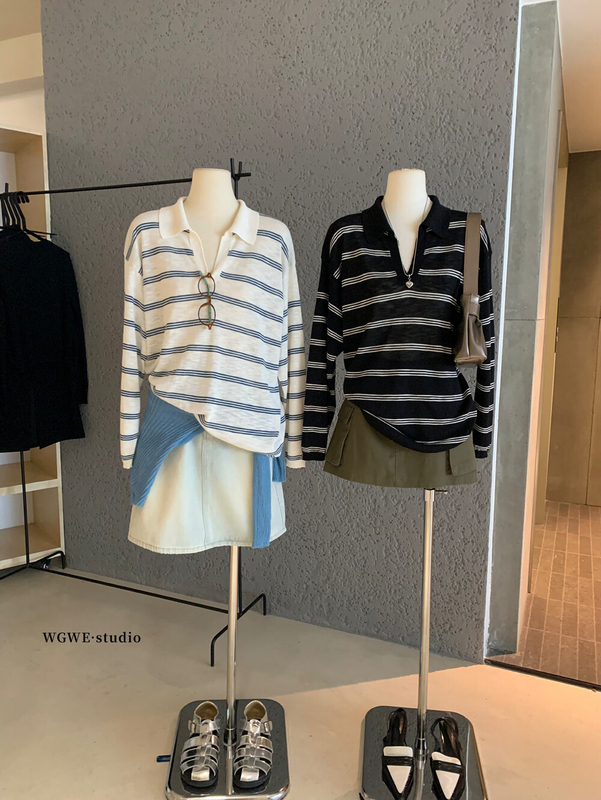 WGWE2025秋装条纹微透薄款宽松显瘦翻领防晒罩衫V领长袖T恤W6855|undefined