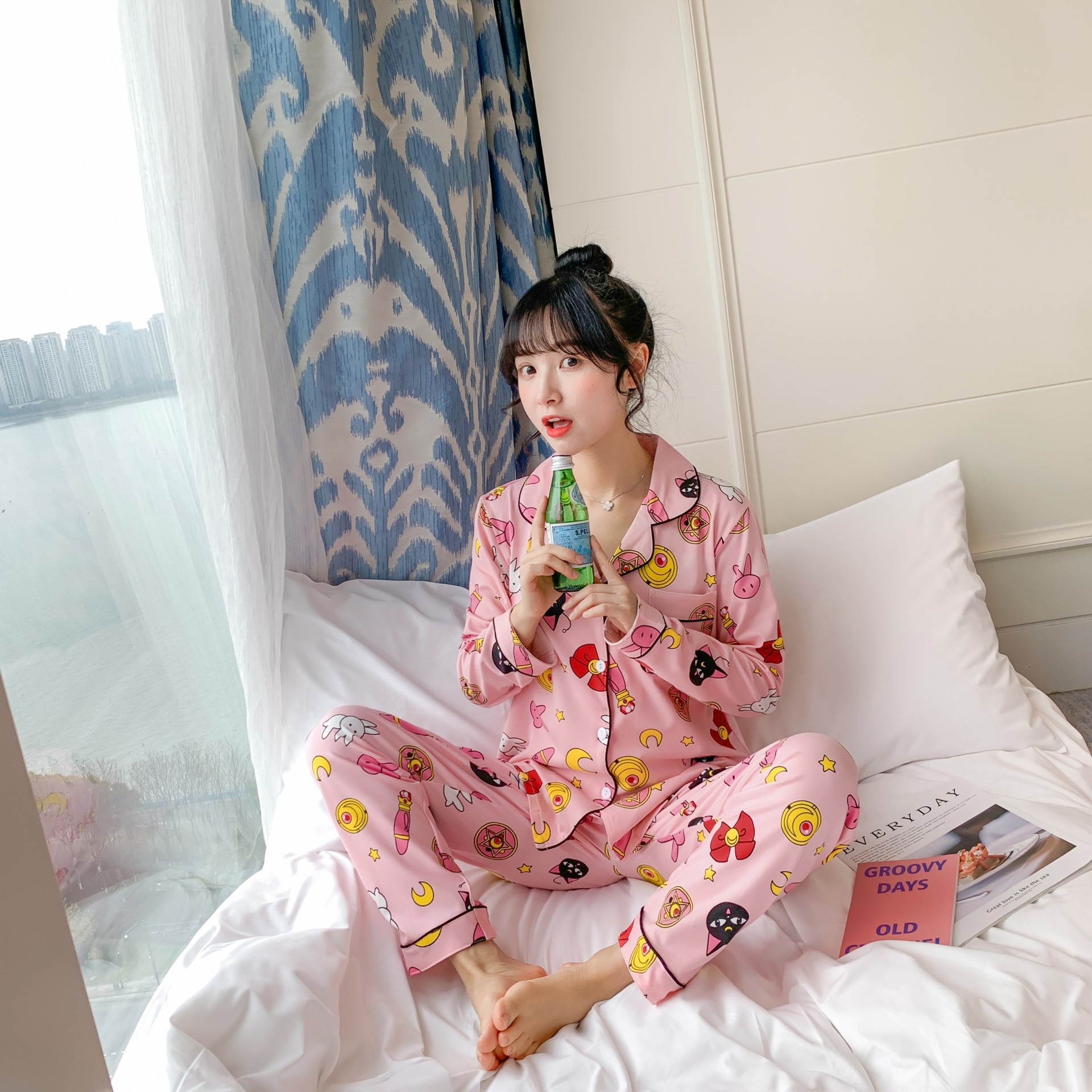 睡衣女新款长袖春pajamas可爱卡通美少女家居服长裤宽松韩版ins风