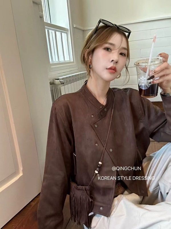 鹿皮绒立领小外套配流苏小包包2025秋装新款时尚外套女短款小个子|undefined