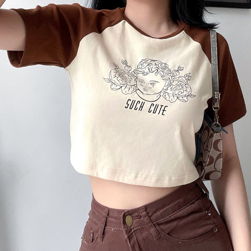 Round Neck Brown Raglan Sleeve Letter Printed Loose T-Shirt NSSSN75495