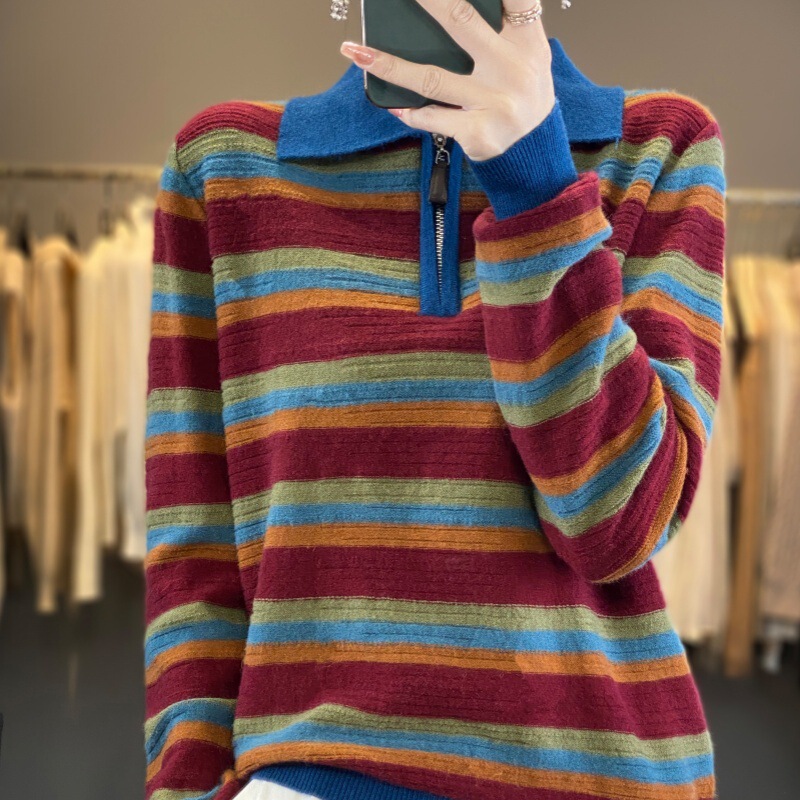 Retro Polo Collar Half-Zip Color-Blocked Rainbow Stripesd Imitation Wool Knitted Long-Sleeved Pullover Bottoming Shirt Top for Women Retro Polo Collar Half-Zip Color-Blocked Rainbow Stripesd Imitation Wool Knitted Long-Sleeved Pullover Bottoming Shirt Top for Women