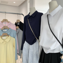 欧玛莱 POLO领纯色直筒套头长袖打底衫秋季新品休闲T恤上衣女4000