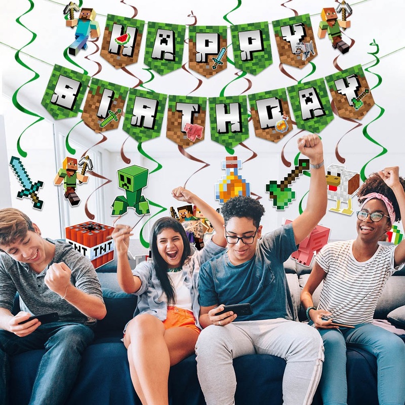 新しい Minecraft 誕生日パーティー装飾バナーゲームテーマピクセルバトル誕生日装飾スパイラルペンダント|undefined