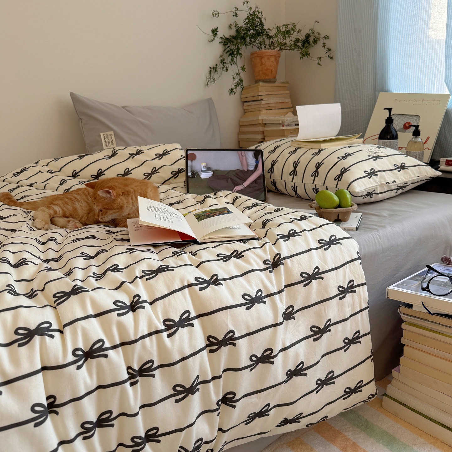 Todo algodón INS blogger estilo coreano arco de algodón cuatro piezas en casa dormitorio cama de tres piezas cubierta de edredón de piel