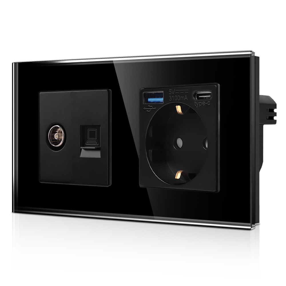 黑色USB/Type-C德插带TV/CAT6功能欧式插座德式插座带接地俄罗斯