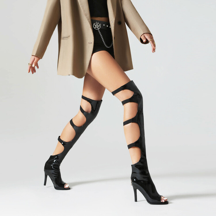 European and American Over-The-Knee Black Fish-Mouth Boots for Women with Belt Buckles, Sexy Leather Thigh Performance Dance Boots, High-Heeled Sandals, Sandals