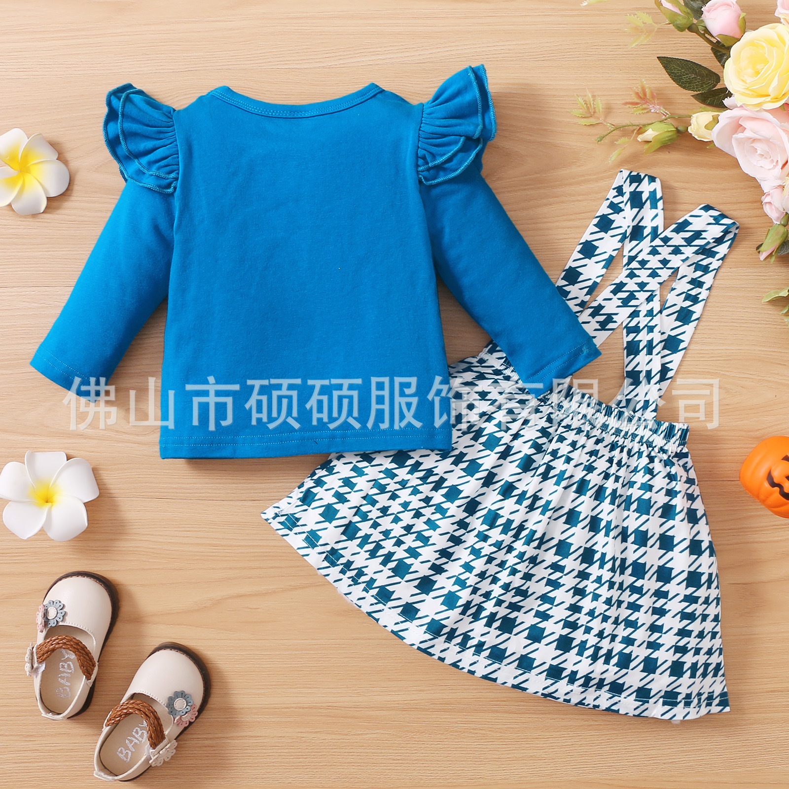 Spring And Autumn Blue Flying Sleeve Long Sleeve T-Shirt Retro Plaid Halloween Pumpkin Strap Skirt Set