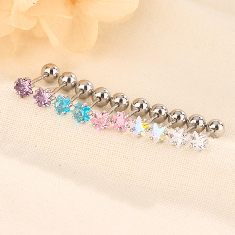 睡覺不用摘養耳洞超閃鋯石星星螺絲耳骨釘女精緻小巧甜美幾何耳環