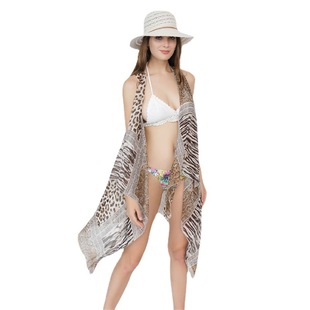 Cross-border Hot Shoulder-proof Summer Thin Leopard-print Beach Overalls Loose Mesh Bikini Shawl Poncho