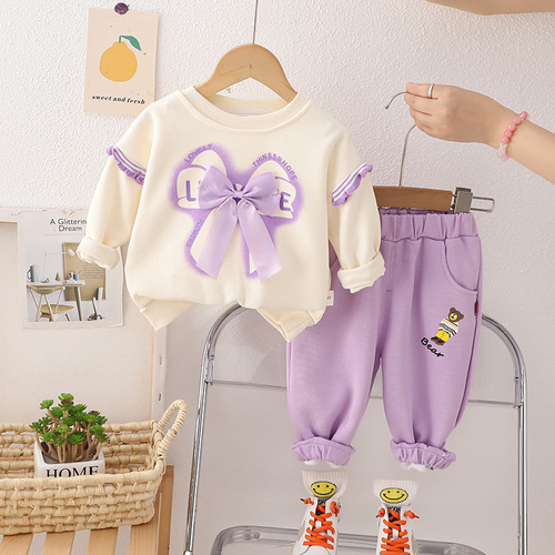 New Women's Children's Clothes  Autumn Large Bowknot Cute Round Neck Girl Baby Long Sleeve Infant and Toddler 0-5 Years 2 Pieces