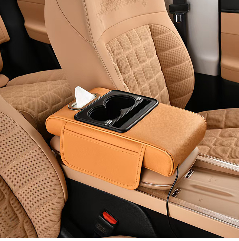 Car Charging Armrest Box, Universal Car Tissue Box, Extended and Thickened Four-In-One Armrest Box with Height-Increasing Pad