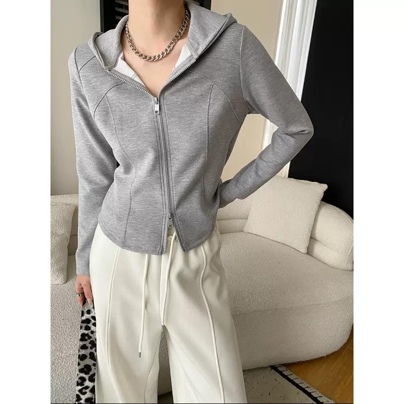 司南 早春新款 立裁分割时髦双拉链连帽收腰显瘦短款卫衣 SN8602