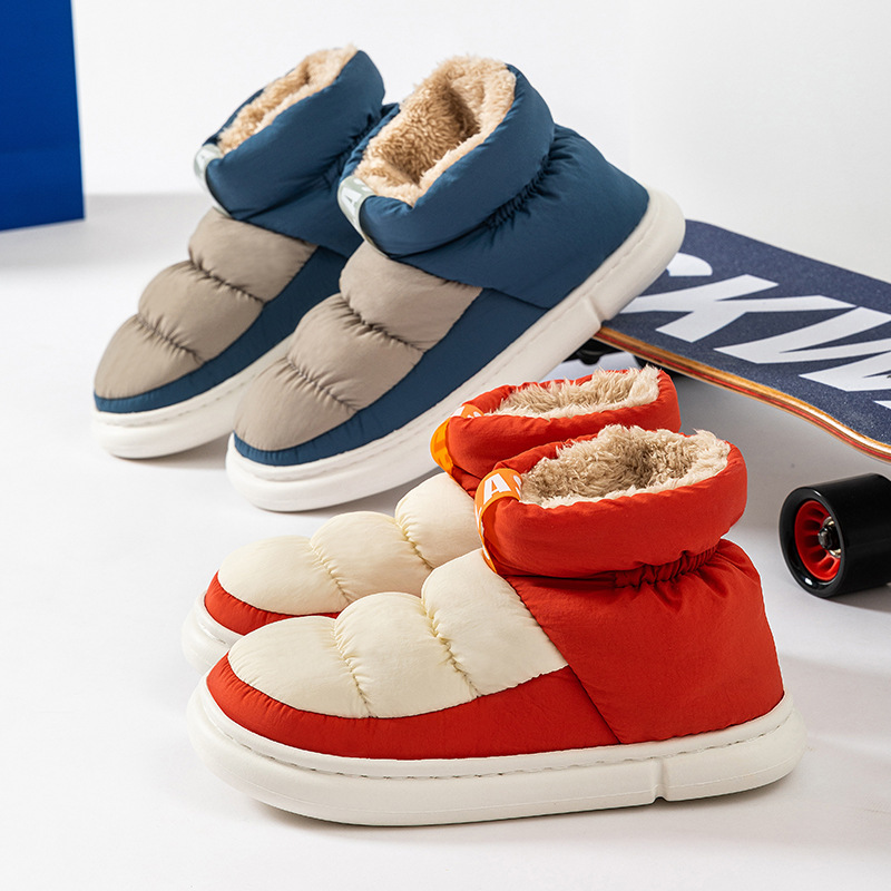 Amazon transfronterizo nuevo Otoño e Invierno mediados de la parte superior de los zapatos acolchados de algodón de color de contraste hombres y mujeres pareja usan felpa cálida