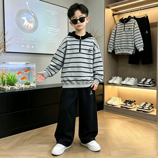 男童韩系条纹连帽卫衣套装中大童半拉链上衣阔腿裤休闲两件套批发