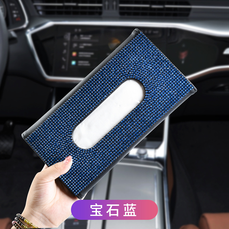 Caja de pañuelos de visera de coche asiento trasero de cuero clip de tejido incrustado de diamantes de imitación de mujer de moda creativa caja de pañuelos de coche image 11