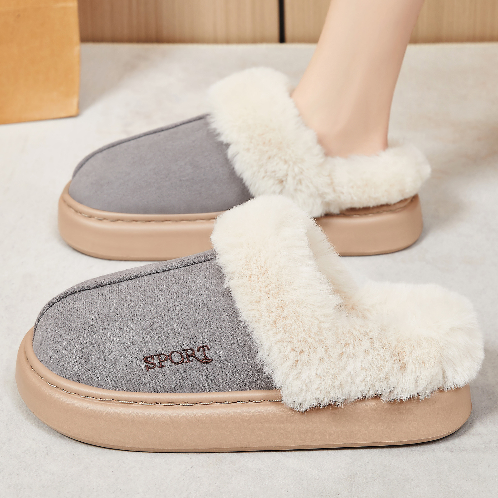 Zapatillas de algodón transfronterizas, zapatillas de lana domésticas de tamaño grande y zapatillas de lana de un pie, zapatillas de algodón cálidas y cómodas