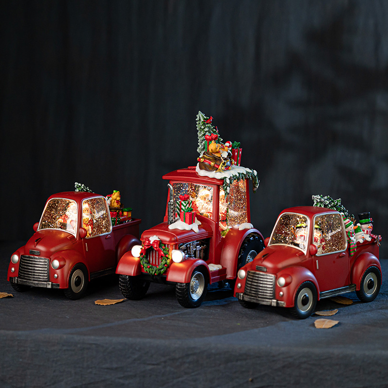 Transfronterizos nuevas decoraciones navideñas árbol de camión rojo caja de música clásica caja de nieve bola de cristal