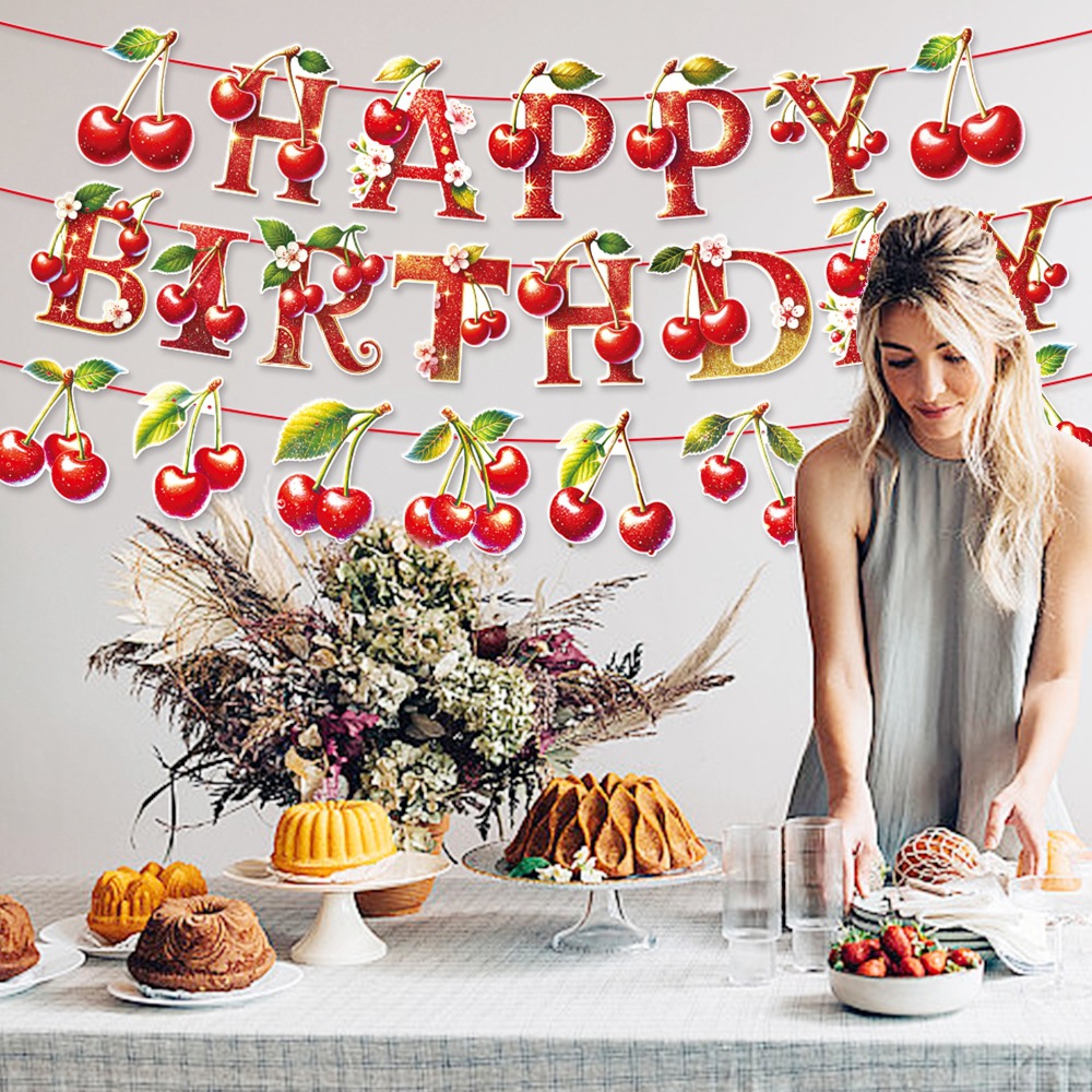 Decoración de fiesta de cumpleaños de cereza transfronteriza bandera de cereza pancarta espiral decoración de cumpleaños accesorios