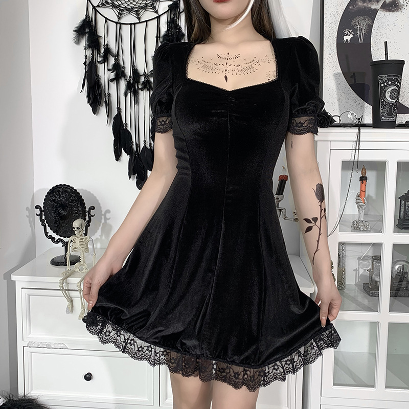 21477A Dark Style Suede Square Neck Lace Trim Puff Sleeve Dress Autumn and Winter New Solid Color Short Skirt for Women