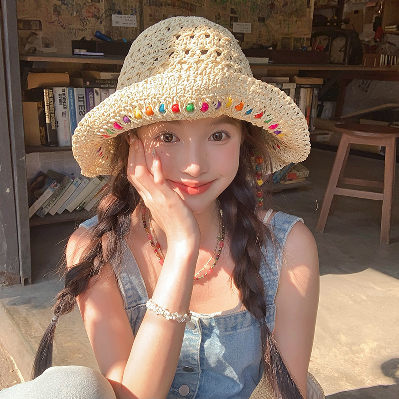 新款泫雅风彩珠渔夫帽夏季海边草帽女大帽檐遮阳防晒帽可折叠帽子|undefined