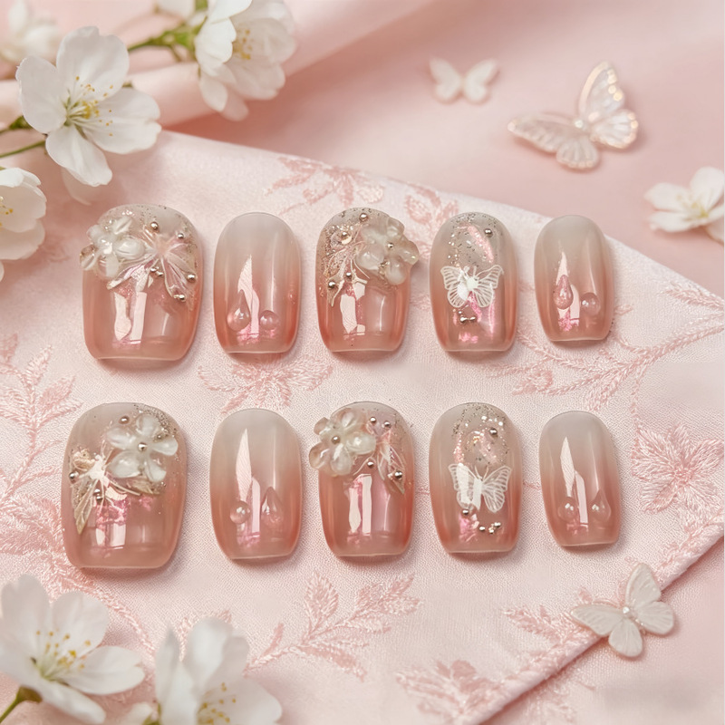 Small Flower Butterfly Gradient 3D Nail Art with Rhinestones, Purely Handmade, Ice-Clear Wearable Nails, Elegant and High-End, Pure and Alluring Style Small Flower Butterfly Gradient 3D Nail Art with Rhinestones, Purely Handmade, Ice-Clear Wearable Nails, Elegant and High-End, Pure and Alluring Style