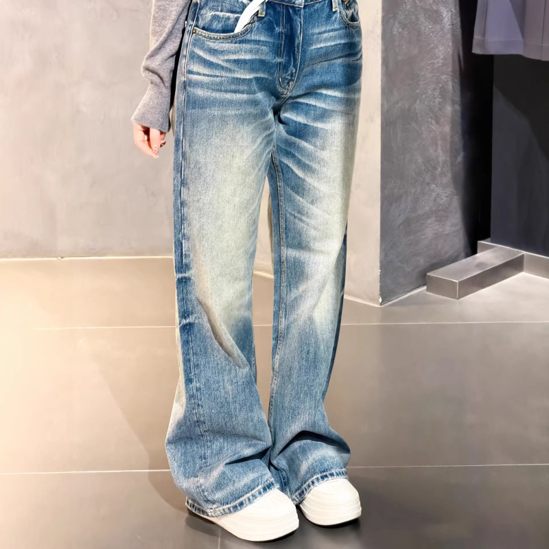 Nanyou Quality 2026 Spring/Summer New Style Cat Whisker Folded Leather Label Washed Gradient Vintage Straight Loose Jeans for Women
