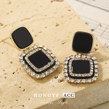 拼接优雅方形黑色耳环潮流时尚高级百搭时尚耳钉韩版流行气质耳饰